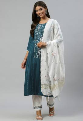 Teal Sequence Shiffly Lace Embroidered With Pleated Ruby Silk Kurta Pant With Dupatta 1