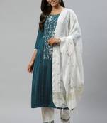 Teal Sequence Shiffly Lace Embroidered With Pleated Ruby Silk Kurta Pant With Dupatta