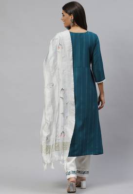 Teal Sequence Shiffly Lace Embroidered With Pleated Ruby Silk Kurta Pant With Dupatta 2