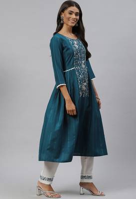 Teal Sequence Shiffly Lace Embroidered With Pleated Ruby Silk Kurta Pant With Dupatta 3