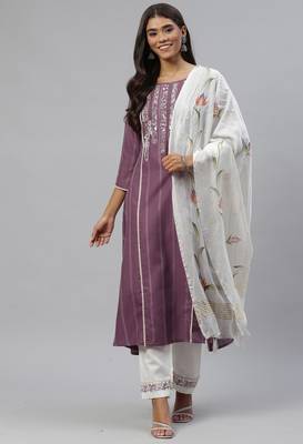 Purple Sequence Shiffly Lace Embroidered With Pleated Ruby Silk Kurta Pant With Dupatta 1