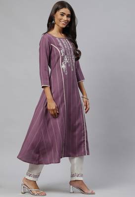 Purple Sequence Shiffly Lace Embroidered With Pleated Ruby Silk Kurta Pant With Dupatta 3
