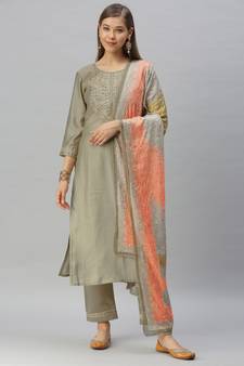 Green Sequence Embroidery With Gota Patti Border Silk Blend Kurta Pant With Digital Dupatta
