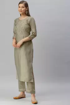 Green Sequence Embroidery With Gota Patti Border Silk Blend Kurta Pant With Digital Dupatta