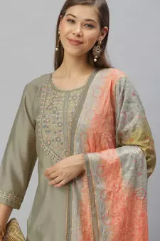Green Sequence Embroidery With Gota Patti Border Silk Blend Kurta Pant With Digital Dupatta