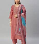 Peach Sequence Embroidery With Gota Patti Border Silk Blend Kurta Pant With Digital Dupatta