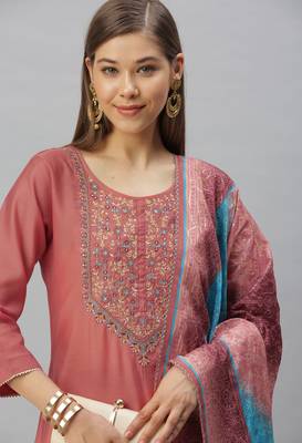 Peach Sequence Embroidery With Gota Patti Border Silk Blend Kurta Pant With Digital Dupatta 4