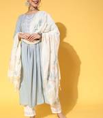 Grey Sequence Embroidery With Shifly Lace Border Cotton Blend Kurta Pant With Printed Dupatta