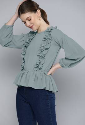 Grey plain georgette crop-tops 3