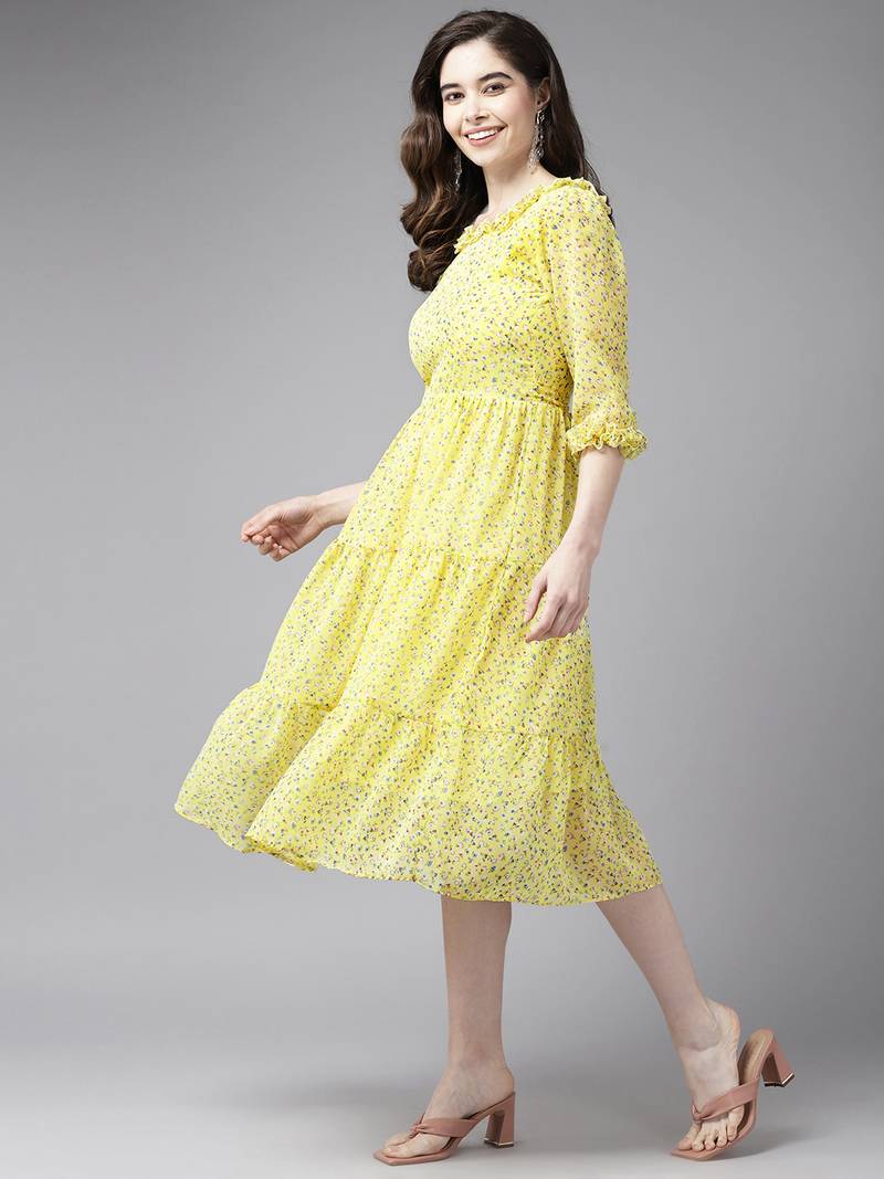 Yellow printed georgette short-dresses