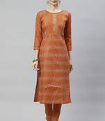 Rust Embroidered Foil Printed Ruby Silk Straight Kurta Pant Set