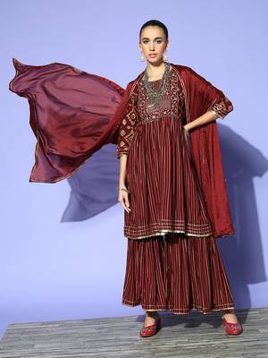 Maroon Foil Printed Sequence and Mirror Work Poly Rayon Kurta Sharara With Dupatta 1