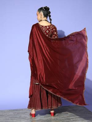 Maroon Foil Printed Sequence and Mirror Work Poly Rayon Kurta Sharara With Dupatta 2
