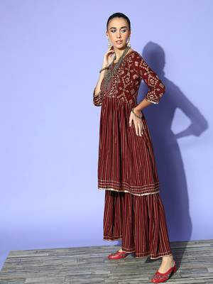 Maroon Foil Printed Sequence and Mirror Work Poly Rayon Kurta Sharara With Dupatta 3