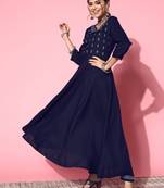 Blue Sequence Zari Embroidered Ruby Silk Flared Kurta Pant With Dupatta