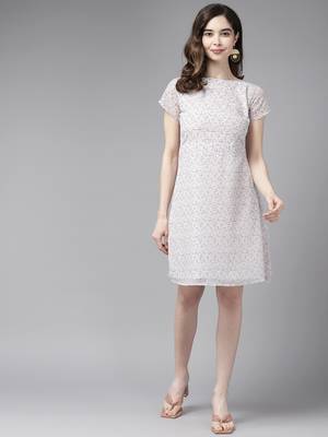 White printed georgette short-dresses 3
