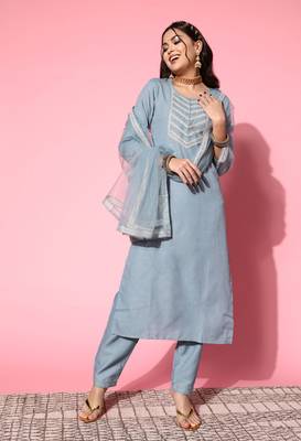 SheWill Grey Chinon Sequence Chain Embroidered Kurta Pant with Dupatta 1