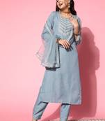 SheWill Grey Chinon Sequence Chain Embroidered Kurta Pant with Dupatta