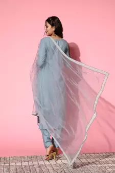 SheWill Grey Chinon Sequence Chain Embroidered Kurta Pant with Dupatta