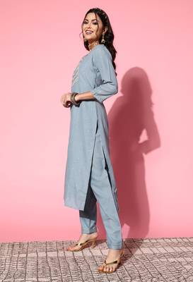 SheWill Grey Chinon Sequence Chain Embroidered Kurta Pant with Dupatta 3