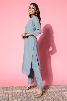 SheWill Grey Chinon Sequence Chain Embroidered Kurta Pant with Dupatta