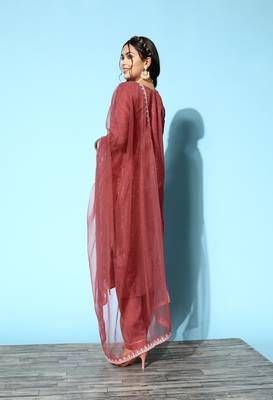 SheWill Peach Chinon Sequence Chain Embroidered Kurta Pant with Dupatta 2