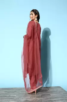 SheWill Peach Chinon Sequence Chain Embroidered Kurta Pant with Dupatta