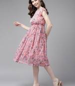 Peach printed georgette short-dresses