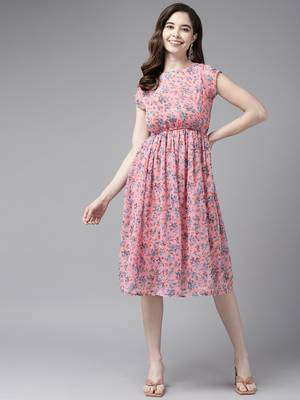 Peach printed georgette short-dresses 3
