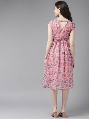 Peach printed georgette short-dresses 4