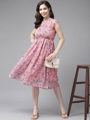 Peach printed georgette short-dresses 5