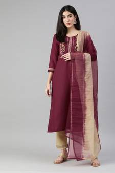 SheWill Maroon Ruby Cotton Gota Patti Embroidered Kurta Pant with Dupatta