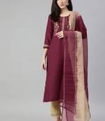SheWill Maroon Ruby Cotton Gota Patti Embroidered Kurta Pant with Dupatta