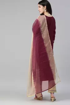 SheWill Maroon Ruby Cotton Gota Patti Embroidered Kurta Pant with Dupatta