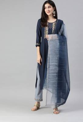 SheWill Navy Blue Ruby Cotton Gota Patti Embroidered Kurta Pant with Dupatta 1