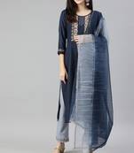 SheWill Navy Blue Ruby Cotton Gota Patti Embroidered Kurta Pant with Dupatta