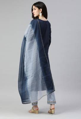 SheWill Navy Blue Ruby Cotton Gota Patti Embroidered Kurta Pant with Dupatta 2
