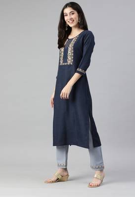 SheWill Navy Blue Ruby Cotton Gota Patti Embroidered Kurta Pant with Dupatta 3