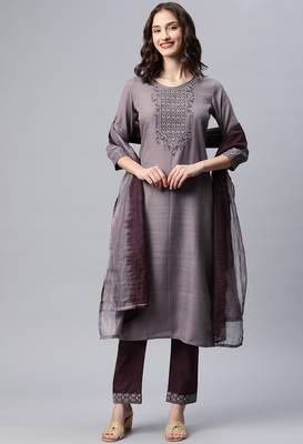 Shewill Purple Ruby Cotton Mirror Zari Embroidered Kurta Pant with Dupatta 1