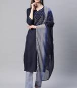 Shewill Blue Green Ruby Cotton Mirror Zari Embroidered Kurta Pant with Dupatta