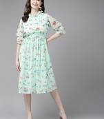 Turquoise printed georgette short-dresses