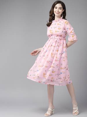 Pink printed georgette short-dresses 1