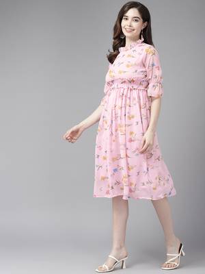 Pink printed georgette short-dresses 3