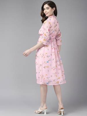 Pink printed georgette short-dresses 4