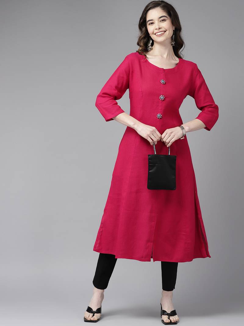 Rani-pink plain cotton cotton-kurtis