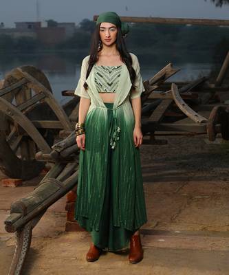 Sea Green Shaded with Emerald Green Bralette  With Asymmetric Pants And Shimmer Kimono Jacket 1