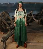 Sea Green Shaded with Emerald Green Bralette  With Asymmetric Pants And Shimmer Kimono Jacket