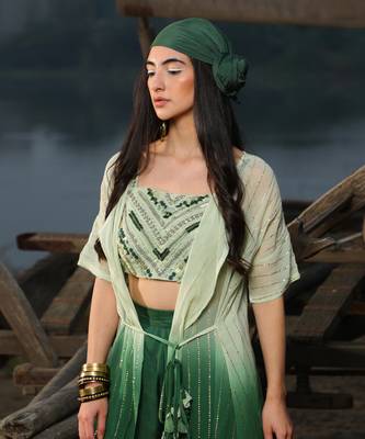 Sea Green Shaded with Emerald Green Bralette  With Asymmetric Pants And Shimmer Kimono Jacket 2