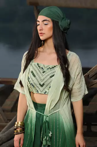 Sea Green Shaded with Emerald Green Bralette  With Asymmetric Pants And Shimmer Kimono Jacket