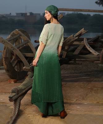 Sea Green Shaded with Emerald Green Bralette  With Asymmetric Pants And Shimmer Kimono Jacket 3